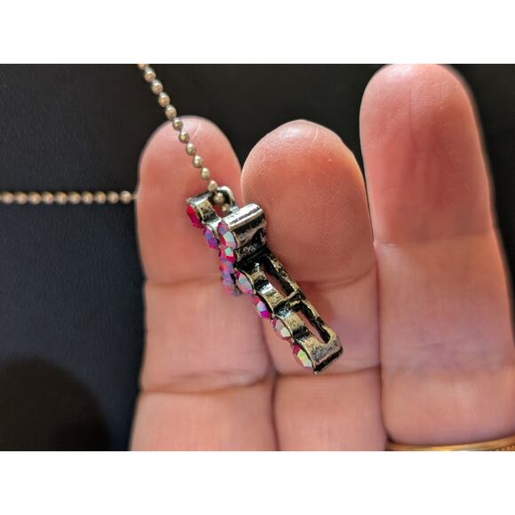 Pink AB Aurora Borealis Crystal Cross Necklace W/ Beaded Silver Tone Chain - Picture 5 of 7